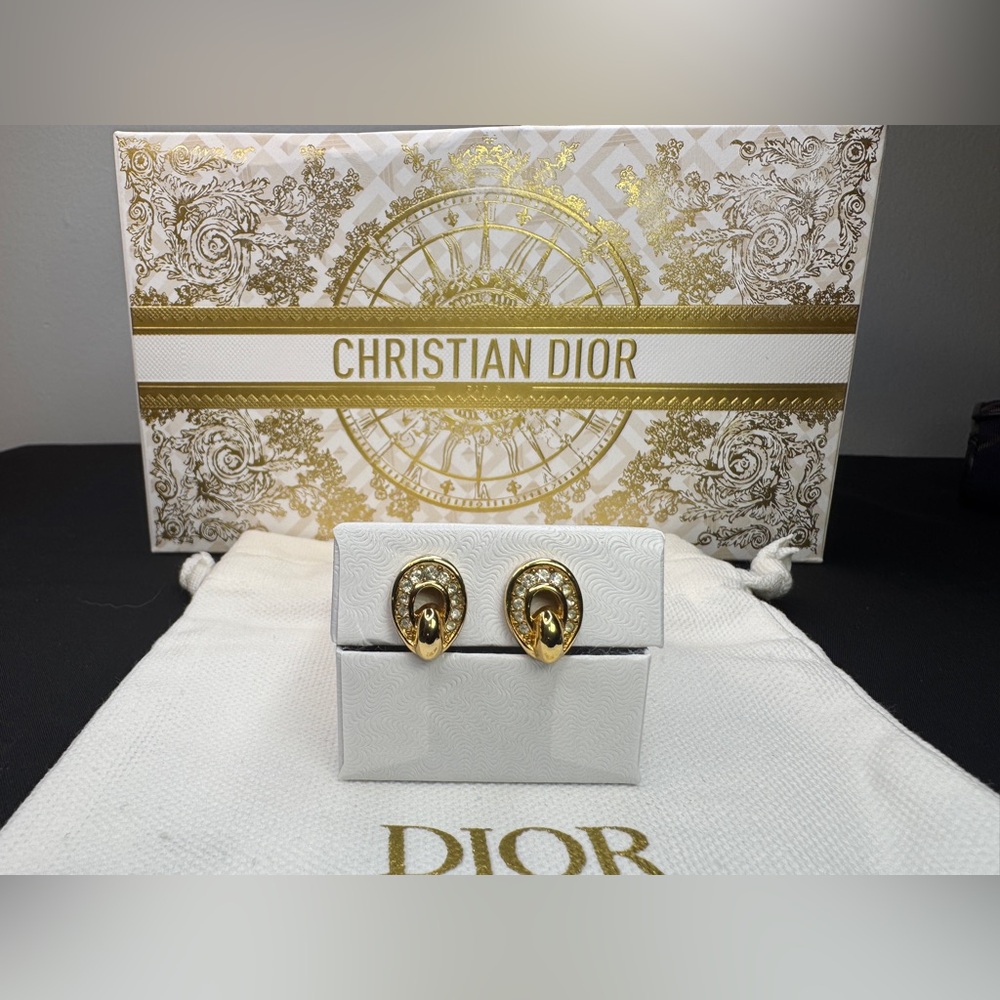 Christian Dior Vintage Rhinestones Gold Plated Clip-On Earrings